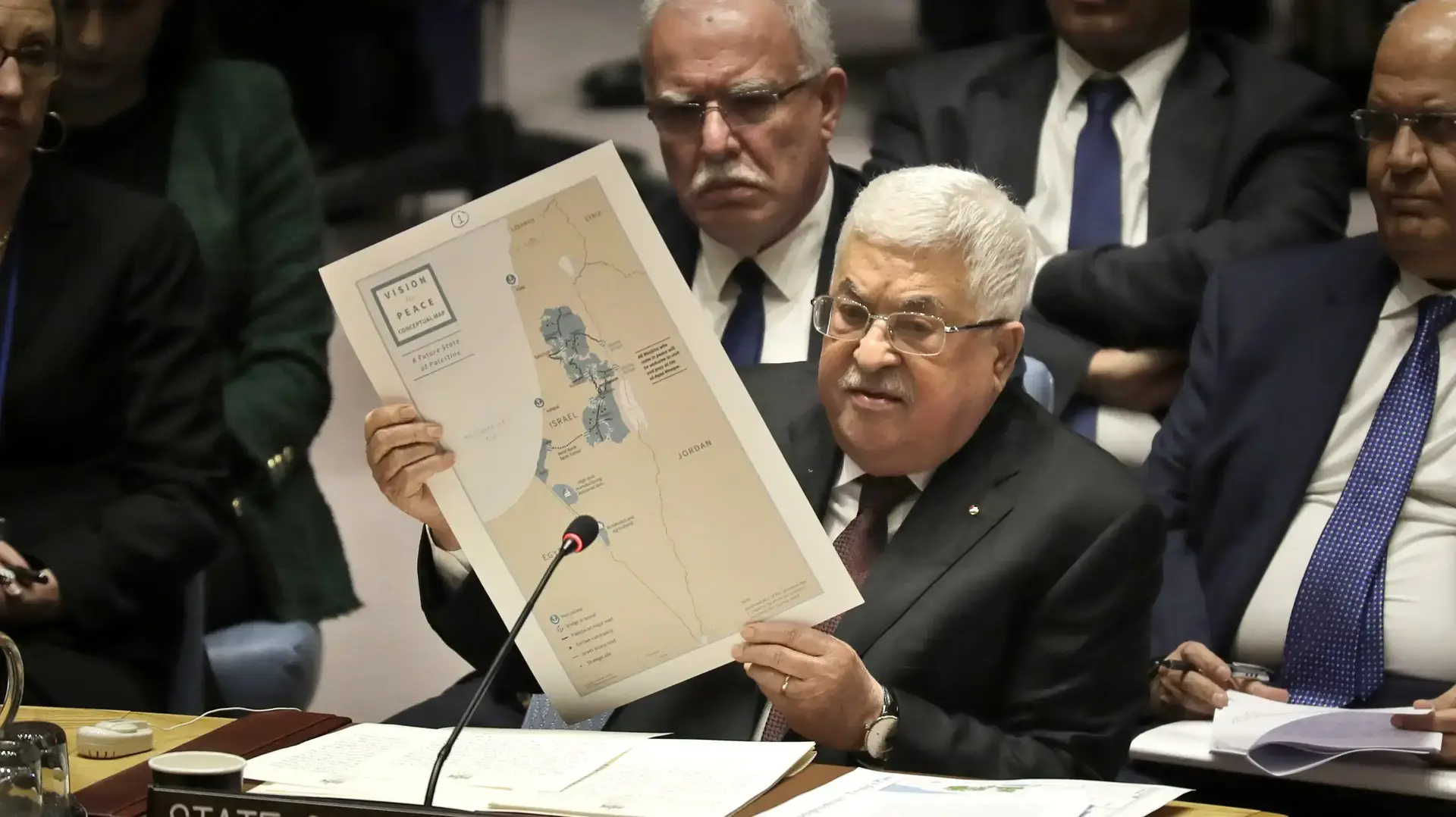 נשיא הרשות הפלסטינית, אבו מאזן במהלך נאומו בעצרת הכללית של האו"ם 11 בפברואר 2020 