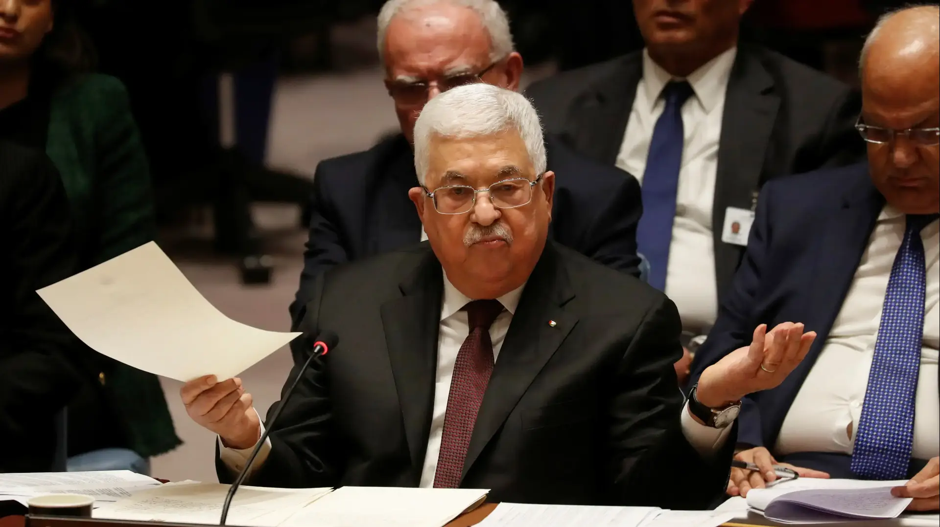 נשיא הרשות הפלסטינית, אבו מאזן במהלך נאומו בעצרת הכללית של האו"ם 11 בפברואר 2020 נשיא הרשות הפלסטינית, אבו מאזן במהלך נאומו בעצרת הכללית של האו"ם 11 בפברואר 2020