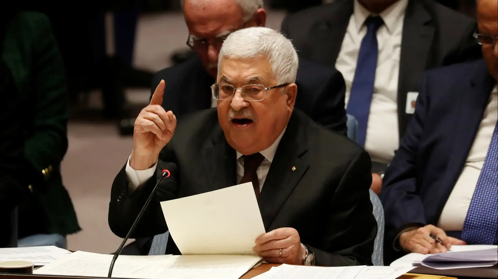 נשיא הרשות הפלסטינית, אבו מאזן במהלך נאומו בעצרת הכללית של האו"ם 11 בפברואר 2020 נשיא הרשות הפלסטינית, אבו מאזן במהלך נאומו בעצרת הכללית של האו"ם 11 בפברואר 2020