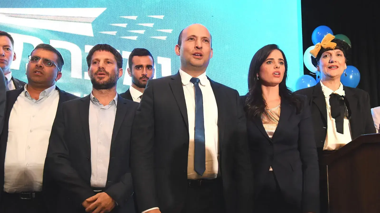 נפתלי בנט, חיים דרוקמן, איילת שקד, בצלאל סמוטריץ' בכנס השקת ימינה, כפר המכביה, 12 בפברואר 2020