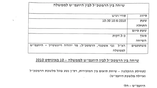 שיחה בין הרמטכ"ל ליועץ המשפטי לממשלה- 10 באוגוסט 2010 שיחה בין הרמטכ"ל ליועץ המשפטי לממשלה- 10 באוגוסט 2010