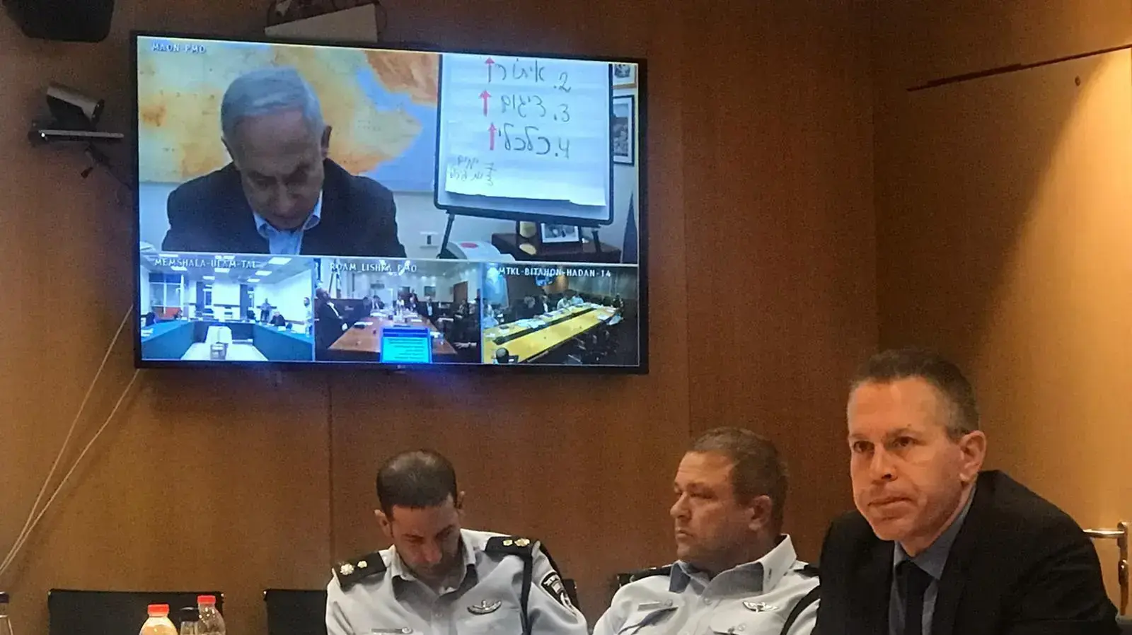 מתוך הדיונים בהם השתתפו בכירי משרד הבריאות, עם ראש הממשלה בנימין נתניהו, השר לבטחון פנים גלעד ארדן, היועמ"ש מנדלבליט ונוספים. 23 במרץ 2020 מתוך הדיונים בהם השתתפו בכירי משרד הבריאות, עם ראש הממשלה בנימין נתניהו, השר לבטחון פנים גלעד ארדן, היועמ"ש מנדלבליט ונוספים. 23 במרץ 2020