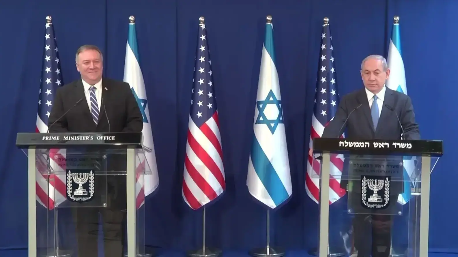 הצהרת ראש הממשלה, בנימין נתניהו ושר החוץ האמריקאי מייק פומפאו במעון רה"מ בירושלים. 13 במאי 2020 הצהרת ראש הממשלה, בנימין נתניהו ושר החוץ האמריקאי מייק פומפאו במעון רה"מ בירושלים. 13 במאי 2020