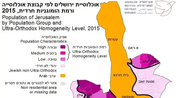 מפה - אוכלוסיית ירושלים לפי קבוצת אוכלוסייה ורמת הומוגניות חרדית 2015 מפה - אוכלוסיית ירושלים לפי קבוצת אוכלוסייה ורמת הומוגניות חרדית 2015