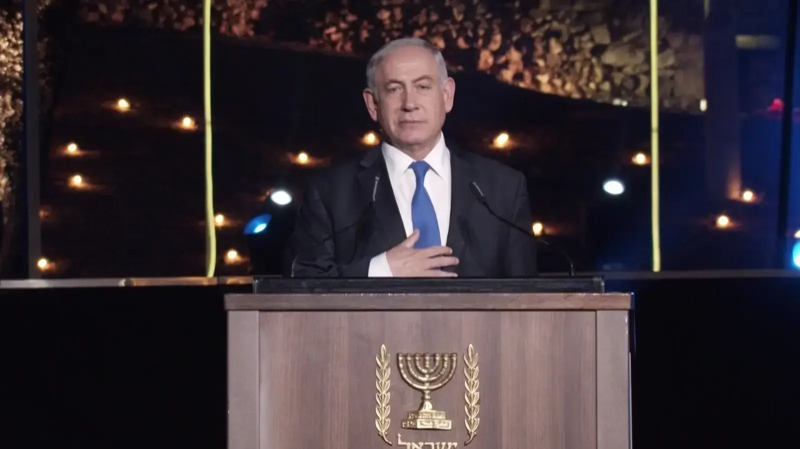 ראש הממשלה, בנימין נתניהו במהלך נאומו בטקס הממלכתי לציון יום איחוד ירושלים בגבעת התחמושות 21 במאי 2020