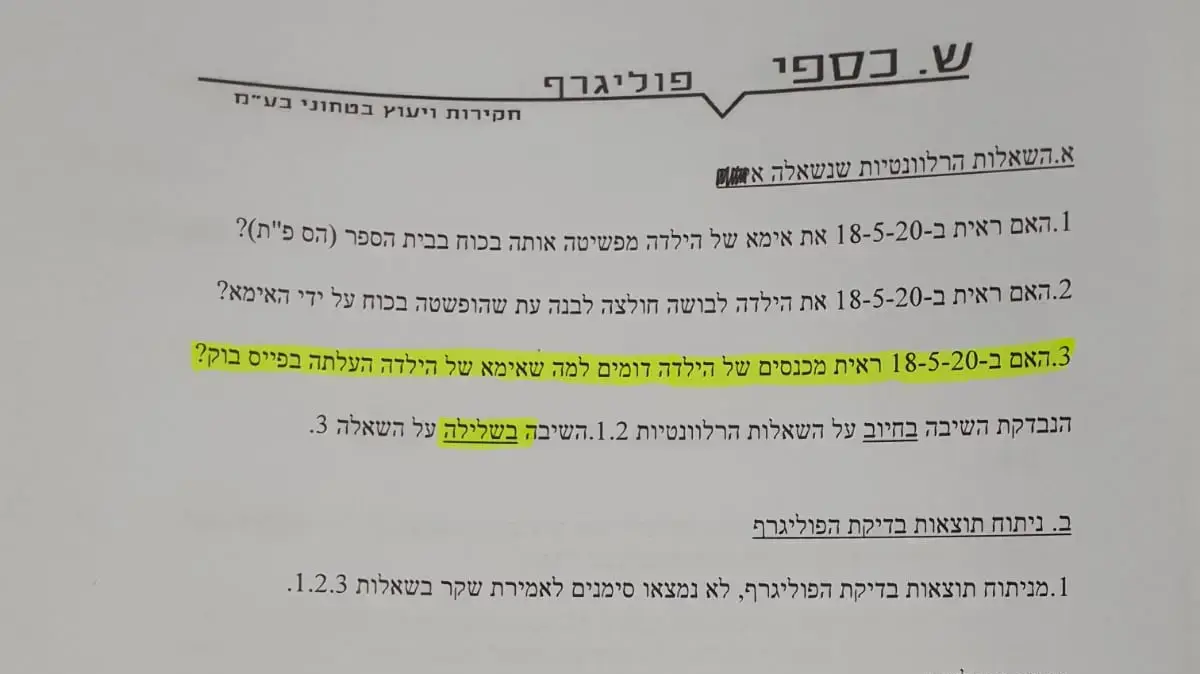 סיכום בדיקת הפוליגרף שנערכה למורה מבית הספר בפתח תקווה בו אולצה בת שבע להישאר בתחתונים סיכום בדיקת הפוליגרף שנערכה למורה מבית הספר בפתח תקווה בו אולצה בת שבע להישאר בתחתונים