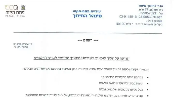 מכתב שנשלח מהאגף לחינוך מיוחד בפתח תקווה להורים לילדים בעלי צרכים מיוחדים ובו הודיעו כי יופסקו ההסעות לבתי הספר החל מהשנה הבאה. 15 ביוני 2020 מכתב שנשלח מהאגף לחינוך מיוחד בפתח תקווה להורים לילדים בעלי צרכים מיוחדים ובו הודיעו כי יופסקו ההסעות לבתי הספר החל מהשנה הבאה. 15 ביוני 2020