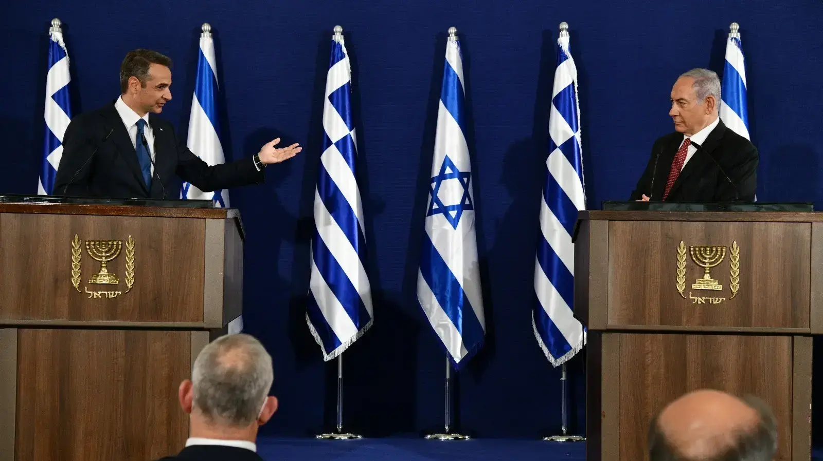 ראש הממשלה בנימין נתניהו,  במהלך הצהרה משותפות עם ראש ממשלת יוון קיריאקוס מיצוטקיס 16 ביוני 2020 


