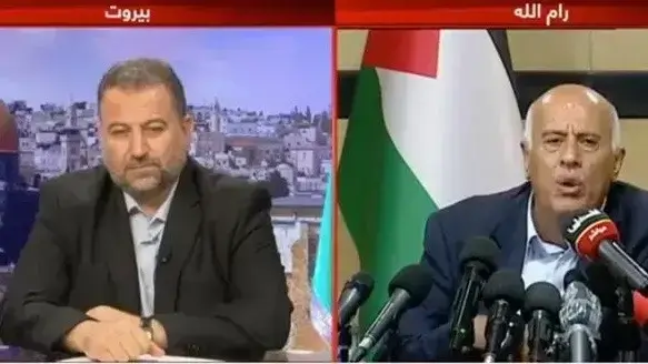 רג'וב ואל-עארורי במסיבת עיתונאים מקוונת בה יכריזו על תכנית משותפת למאבק בתכנית הסיפוח, 2 ביולי 2020 רג'וב ואל-עארורי במסיבת עיתונאים מקוונת בה יכריזו על תכנית משותפת למאבק בתכנית הסיפוח, 2 ביולי 2020