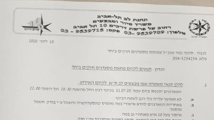 רישיון המשטרה לקיום הפגנת העצמאים בכיכר רבין בתל אביב, 11 ביולי 2020 רישיון המשטרה לקיום הפגנת העצמאים בכיכר רבין בתל אביב, 11 ביולי 2020
