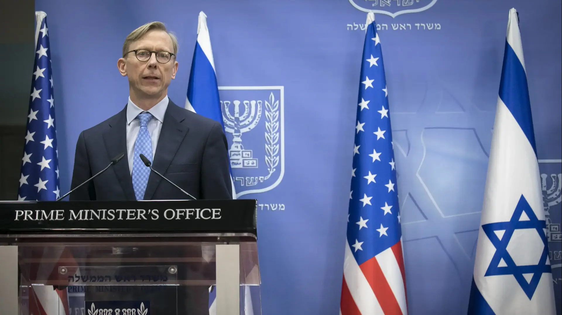 השליח האמריקני המיוחד לענייני איראן בריאן הוק, במהלך הצהרתו בלשכת ראש הממשלה בירושלים 30 ביוני 2020 השליח האמריקני המיוחד לענייני איראן בריאן הוק, במהלך הצהרתו בלשכת ראש הממשלה בירושלים 30 ביוני 2020