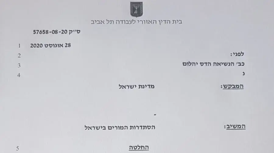 צו המניעה שביקשה המדינה מבית הדין האזורי לעבודה בתל אביב נגד הסתדרות המורים בכדי למנוע שביתה בפתיחת שנה הלימודים. 28 באוגוסט 2020
