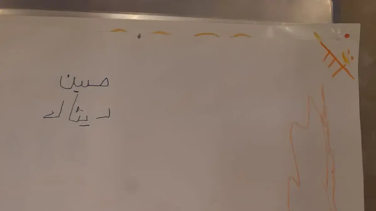 ציור שציירה אחותו של חוסין, הפעוט שנפגע מכדור תוע ובה מתארת את מה שקרה: שניהם משחקים בחצר וקליע נופל מהשמיים על אחיה שרוחץ בתוך גיגית מים ציור שציירה אחותו של חוסין, הפעוט שנפגע מכדור תוע ובה מתארת את מה שקרה: שניהם משחקים בחצר וקליע נופל מהשמיים על אחיה שרוחץ בתוך גיגית מים