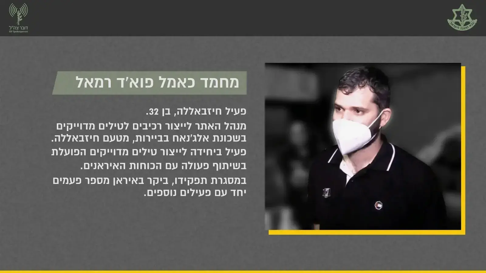 מחמד כאמל פא'אד רמאל, מנהל האתר לייצור רכיבי טילים בביירות מחמד כאמל פא'אד רמאל, מנהל האתר לייצור רכיבי טילים בביירות