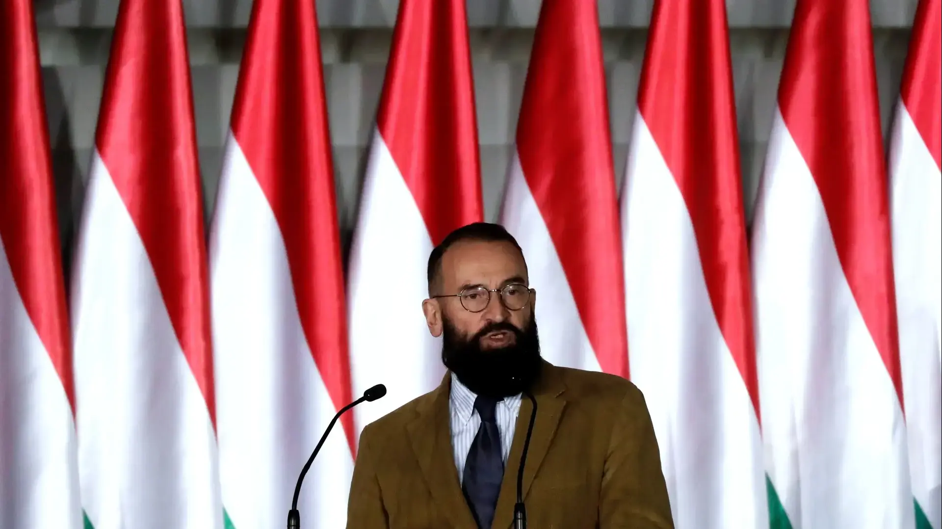 חבר הפרלמנט האירופי, ג'וזף שז'ג'ר במהלך נאומו  בבודפשט, הונגריה 5 באפריל 2019 