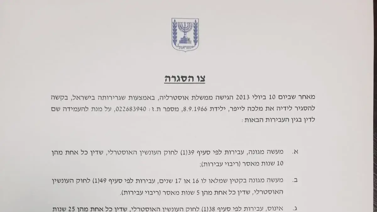 צו ההסגרה של מלכה לייפר לאוסטרליה עליו חתם שר המשפטים אבי ניסנקורן, 16 בדצמבר 2020 צו ההסגרה של מלכה לייפר לאוסטרליה עליו חתם שר המשפטים אבי ניסנקורן, 16 בדצמבר 2020