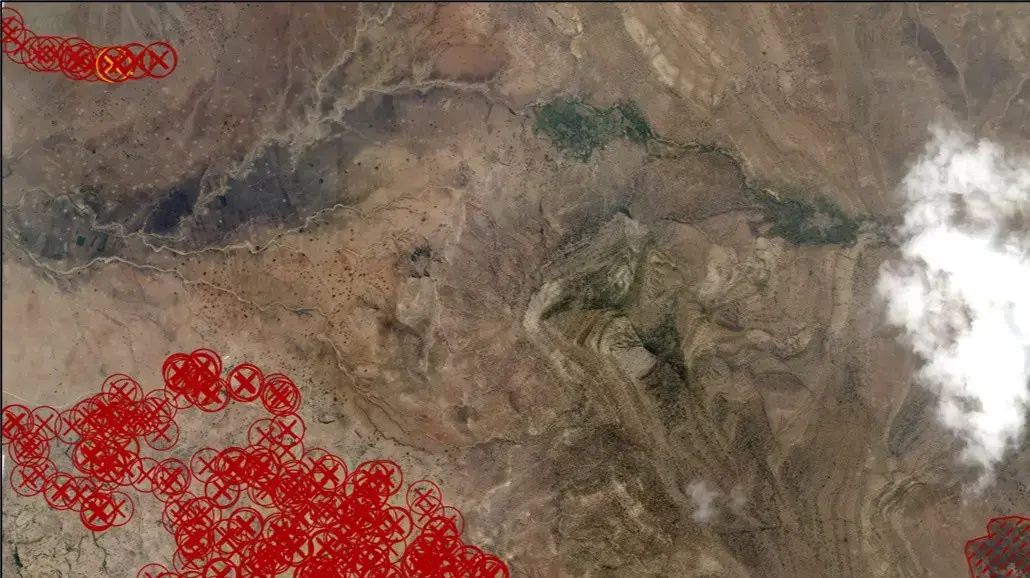 תמונת לוויין המציגה מבנים שניזוקו במחוז תיגראי, אתיופיה, 23 בפברואר 2021