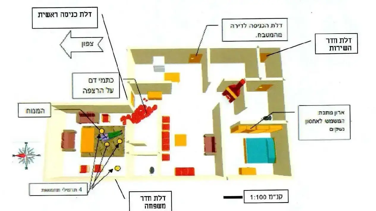רצח זלפה - תרשים זירת האירוע - דירת מגורים בקומת הכניסה - משטרת ישראל רצח זלפה - תרשים זירת האירוע - דירת מגורים בקומת הכניסה - משטרת ישראל