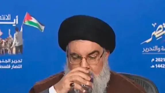 מזכ"ל חיזבאללה, חסן נסראללה במהלך נאומו 25 במאי 2021 מזכ"ל חיזבאללה, חסן נסראללה במהלך נאומו 25 במאי 2021