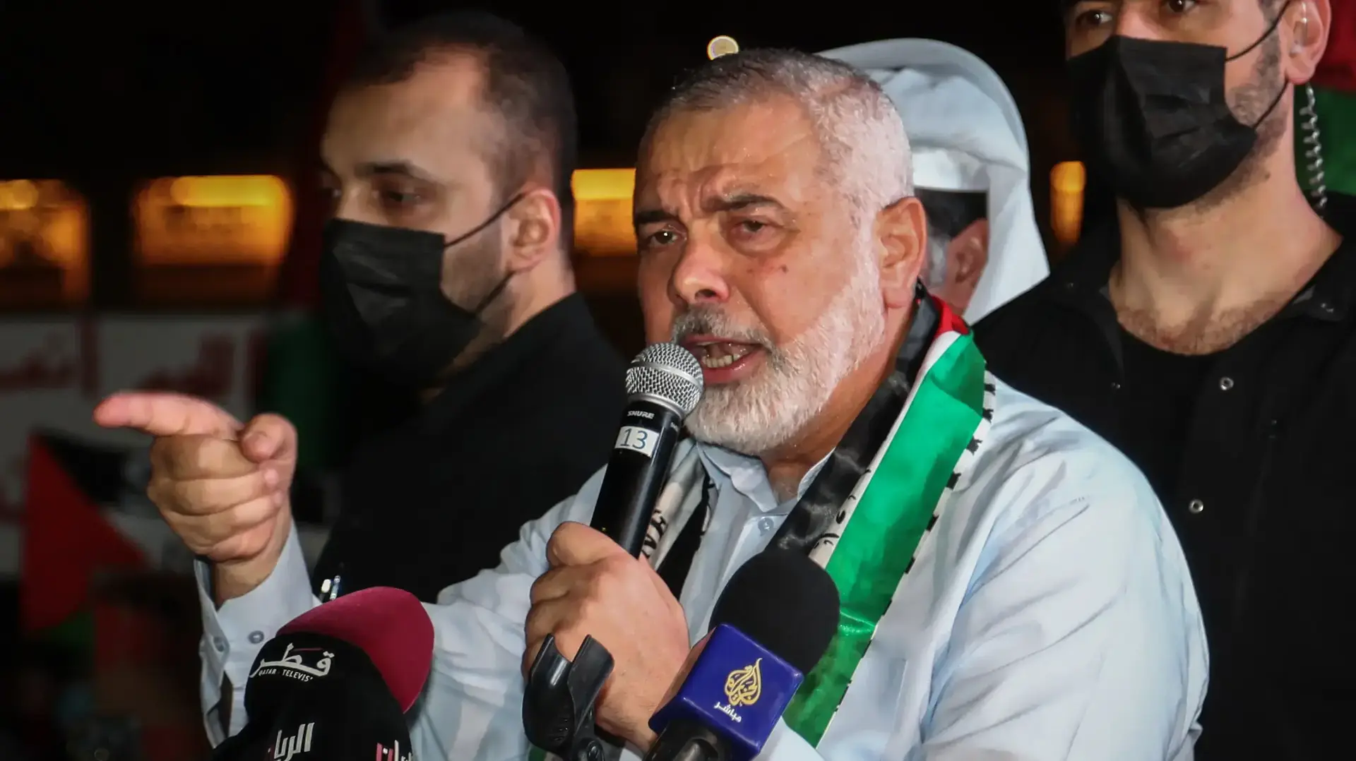 איסמעיל הנייה במהלך עצרת פרו פלסטינית בקטאר 15 במאי 2021
