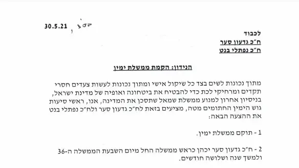 המכתב של ראשי סיעות גוש נתניהו לבנט וסער בו הציעו להקים ממשלת רוטציה משולשת, 30.5.21 המכתב של ראשי סיעות גוש נתניהו לבנט וסער בו הציעו להקים ממשלת רוטציה משולשת, 30.5.21