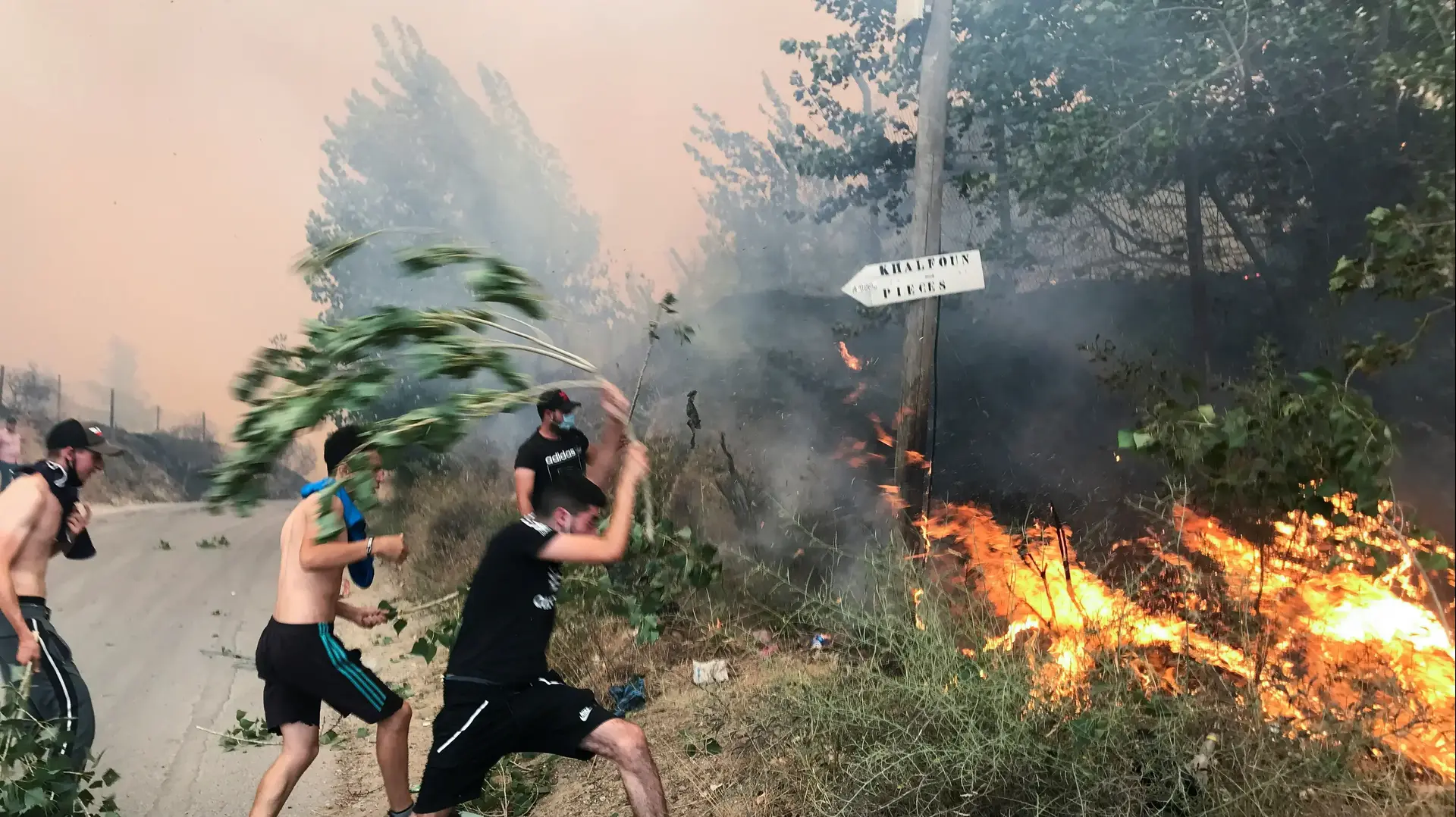 אנשים מנסים לכבות שריפה שפרצה בהרי אלג'יריה 10 באוגוסט 2021 אנשים מנסים לכבות שריפה שפרצה בהרי אלג'יריה 10 באוגוסט 2021