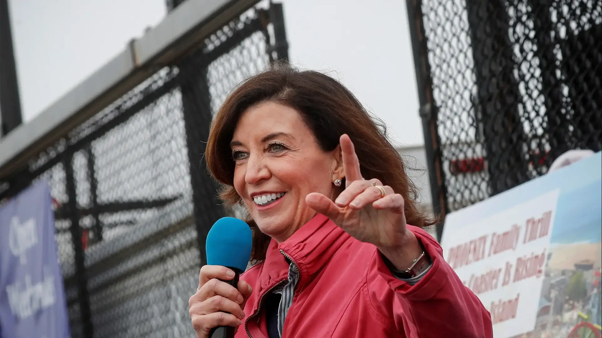 FILE PHOTO: New York State Lieutenant Governor Kathy Hochul speaks during an opening ceremony on the first day of the Coney Island parks reopening, during the coronavirus disease (COVID-19) pandemic, in the Coney Island neighborhood of Brooklyn, New York, U.S., April 9, 2021. REUTERS/Brendan McDermid/File Photo FILE PHOTO: New York State Lieutenant Governor Kathy Hochul speaks during an opening ceremony on the first day of the Coney Island parks reopening, during the coronavirus disease (COVID-19) pandemic, in the Coney Island neighborhood of Brooklyn, New York, U.S., April 9, 2021. REUTERS/Brendan McDermid/File Photo