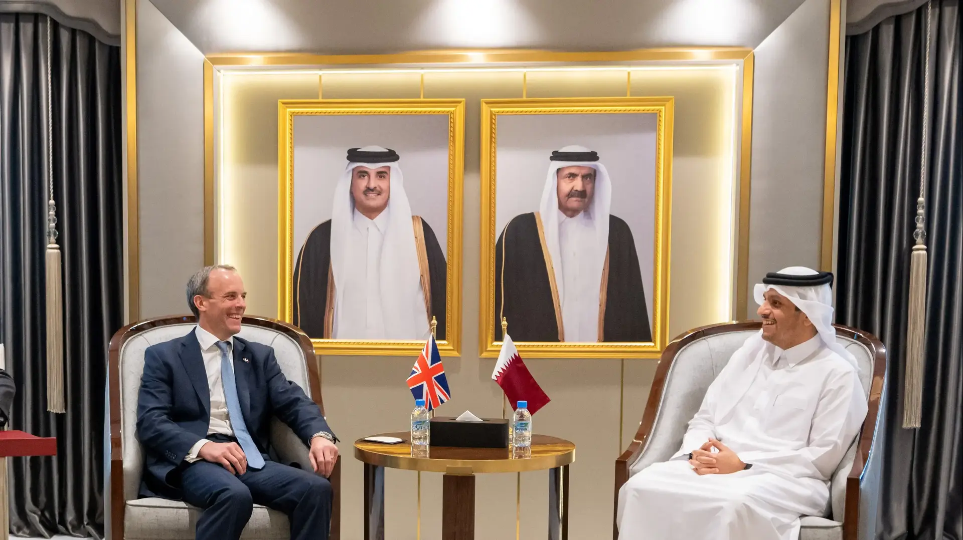 Qatari Foreign Minister Sheikh Mohammed bin Abdulrahman Al-Thani meets with Britain's Foreign Secretary Dominic Raab in Doha, Qatar, September 2, 2021. Qatar News Agency/Handout via REUTERS ATTENTION EDITORS - THIS PICTURE WAS PROVIDED BY A THIRD PARTY.
Qatari Foreign Minister Sheikh Mohammed bin Abdulrahman Al-Thani meets with Britain's Foreign Secretary Dominic Raab in Doha, Qatar, September 2, 2021. Qatar News Agency/Handout via REUTERS ATTENTION EDITORS - THIS PICTURE WAS PROVIDED BY A THIRD PARTY.