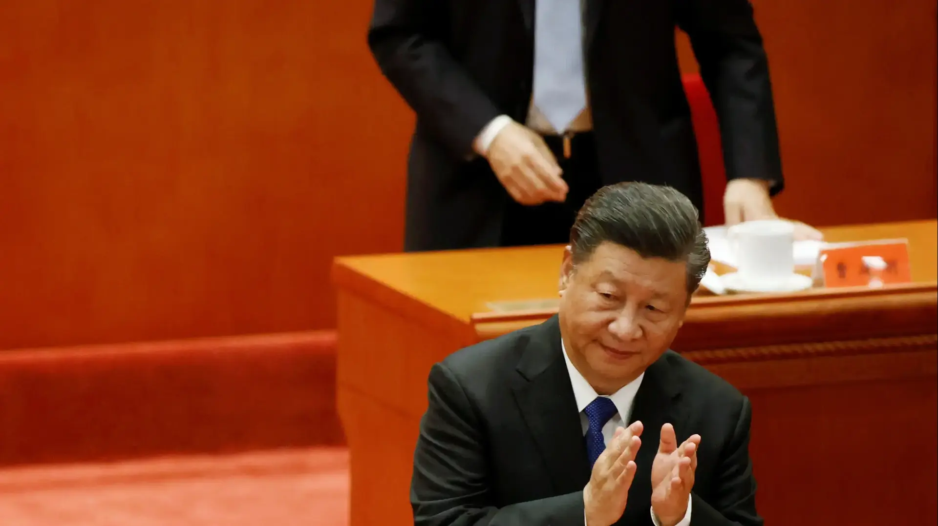 Chinese President Xi Jinping (front, L) attends an official celebration at the Great Hall of the People in Beijing on Oct. 9, 2021, to commemorate the 110th anniversary of the 1911 revolution that ended 2,000 years of imperial rule in China. (Kyodo) ==Kyodo NO USE JAPAN
