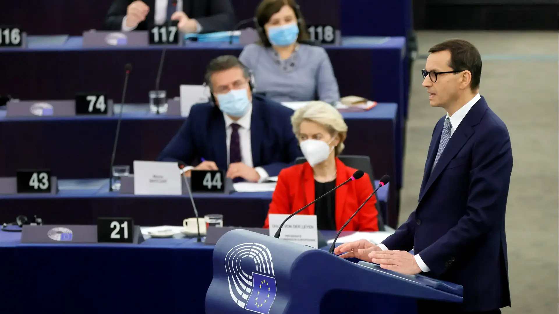 Polish Prime Minister Mateusz Morawiecki delivers a speech during a debate on Poland's challenge to the supremacy of EU laws at the European Parliament in Strasbourg, France October 19, 2021. Ronald Wittek/Pool via REUTERS