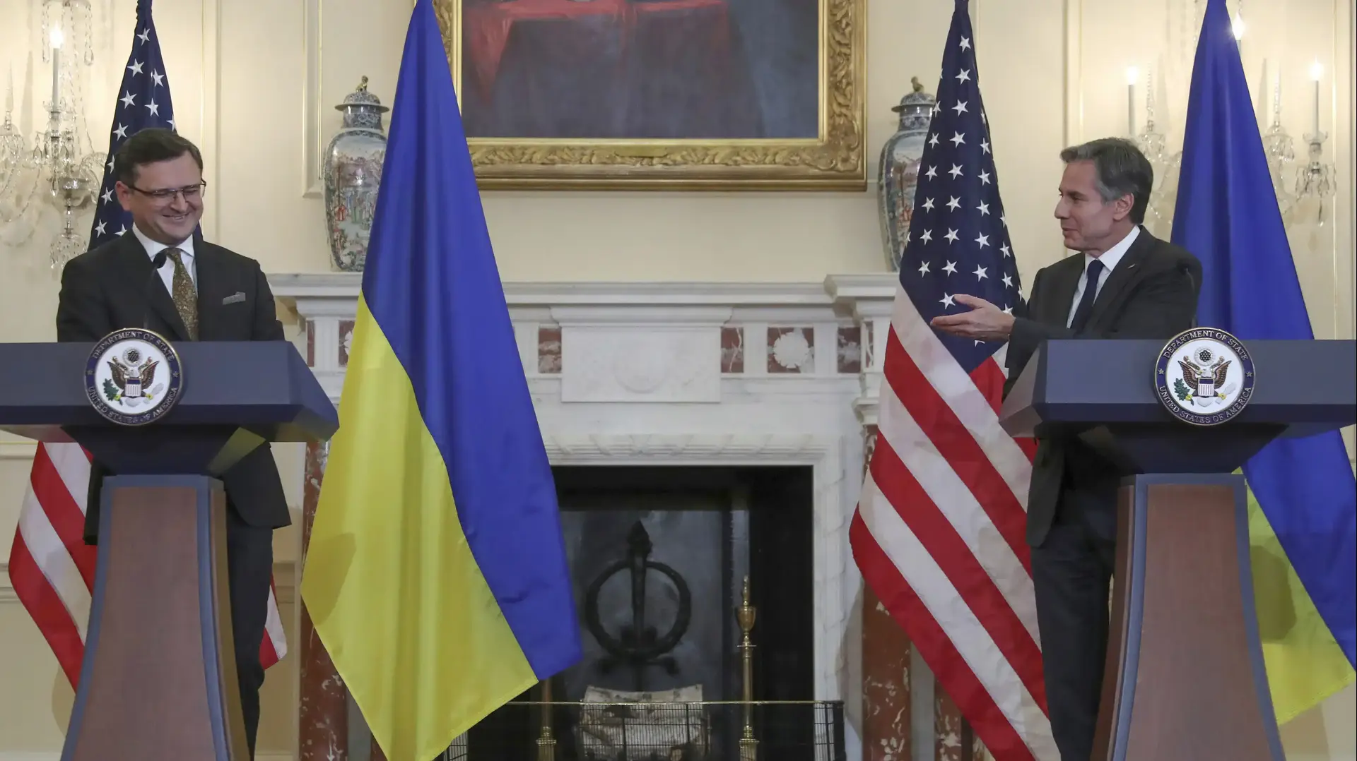 In this Nov. 10, photo, Secretary of State Antony Blinken and Ukraine's Foreign Minister Dmytro Kuleba hold a news conference following the U.S.-Ukraine Strategic Dialogue talks at the State Department in Washington. In this Nov. 10, photo, Secretary of State Antony Blinken and Ukraine's Foreign Minister Dmytro Kuleba hold a news conference following the U.S.-Ukraine Strategic Dialogue talks at the State Department in Washington.