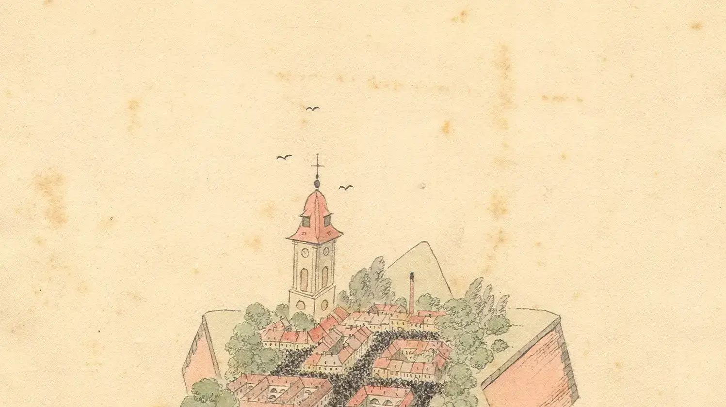 יו ספיר, ציור סימבולי של גטו טרזין עם צלב קרס, 1944 יו ספיר, ציור סימבולי של גטו טרזין עם צלב קרס, 1944