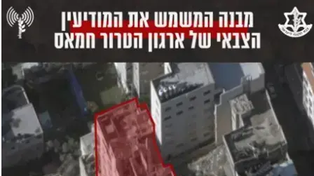 בניין ״שורוק״ 12.05.2 | מבנה רב קומות אסטרטגי של ארגון הטרור חמאס. המבנה בן 14 קומות בדרום רצועת עזה, בו שכנו משרדי מודיעין צבאי של ארגון הטרור חמאס וכן תשתיות תקשורת ששימשו להעברת מסרים טקטיים-צבאיים על ידי ארגוני הטרור.
בניין ״שורוק״ 12.05.2 | מבנה רב קומות אסטרטגי של ארגון הטרור חמאס. המבנה בן 14 קומות בדרום רצועת עזה, בו שכנו משרדי מודיעין צבאי של ארגון הטרור חמאס וכן תשתיות תקשורת ששימשו להעברת מסרים טקטיים-צבאיים על ידי ארגוני הטרור.
