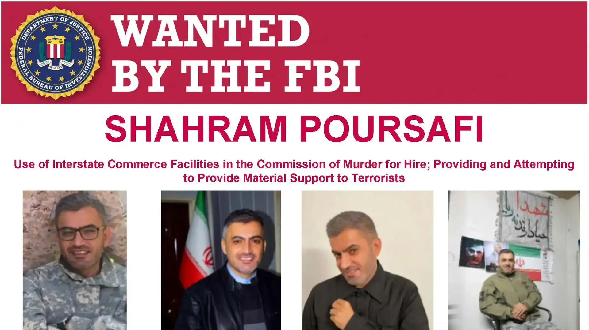 כרזת מבוקש של ה-FBI של שהארם פורספי, חבר משמרות המהפכה של איראן המואשם בתכנון לרצוח את ג'ון בולטון