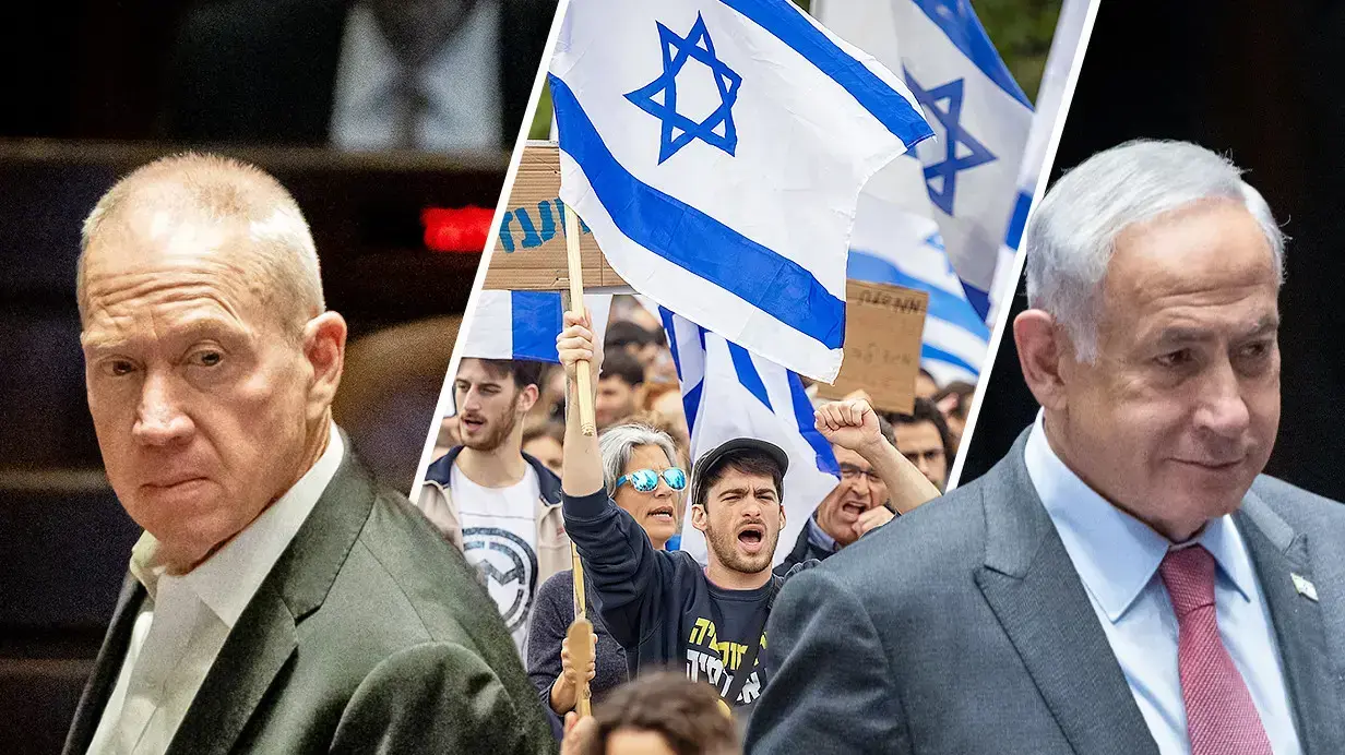 בנימין נתניהו, מפגינים בהפגנה נגד המהפכה המשפטית בירושלים, יואב גלנט בנימין נתניהו, מפגינים בהפגנה נגד המהפכה המשפטית בירושלים, יואב גלנט