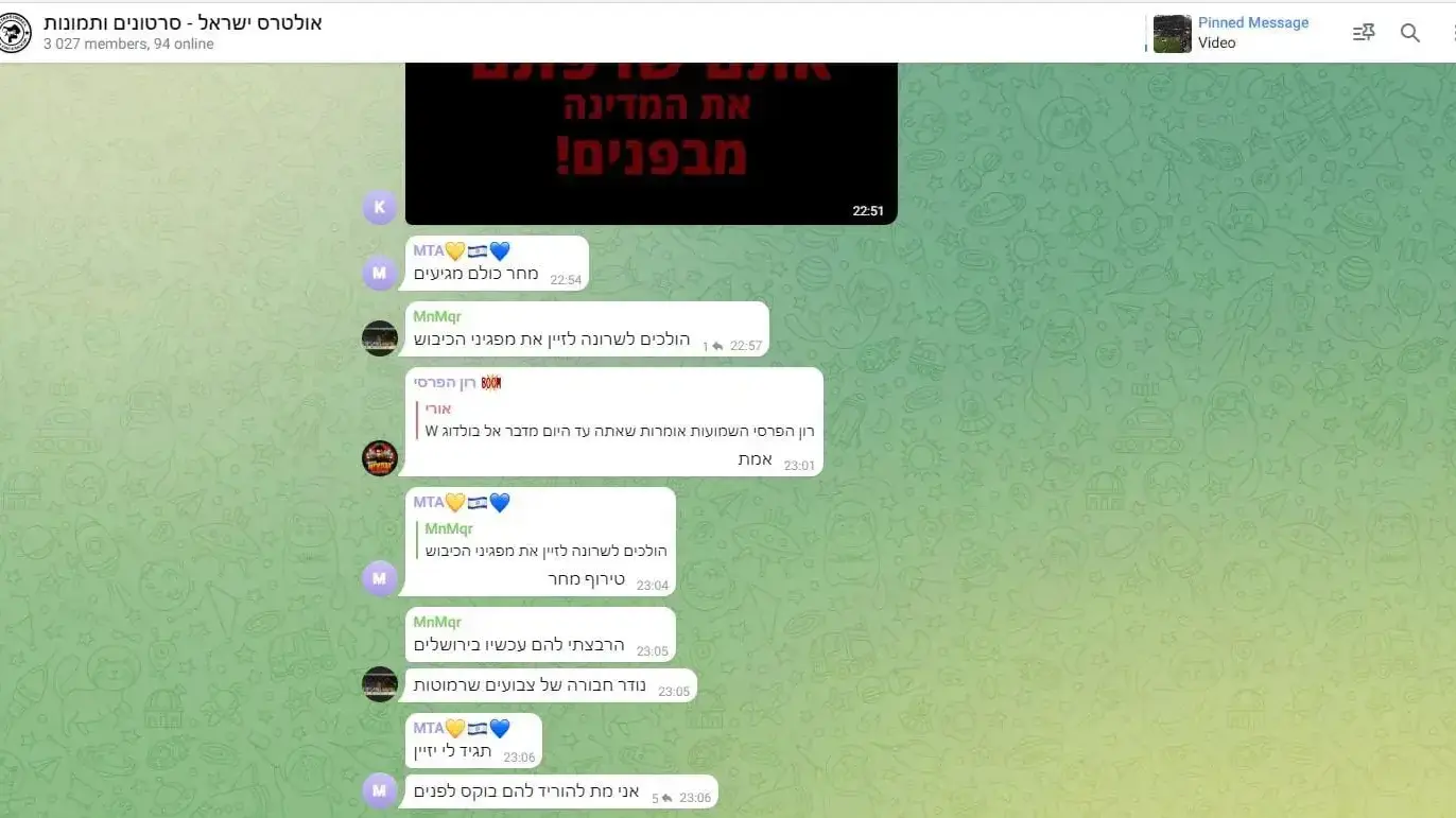 קריאות בקבוצות ימין בטלגרם לפעול באלימות נגד מתנגדי המהפכה המשפטית קריאות בקבוצות ימין בטלגרם לפעול באלימות נגד מתנגדי המהפכה המשפטית
