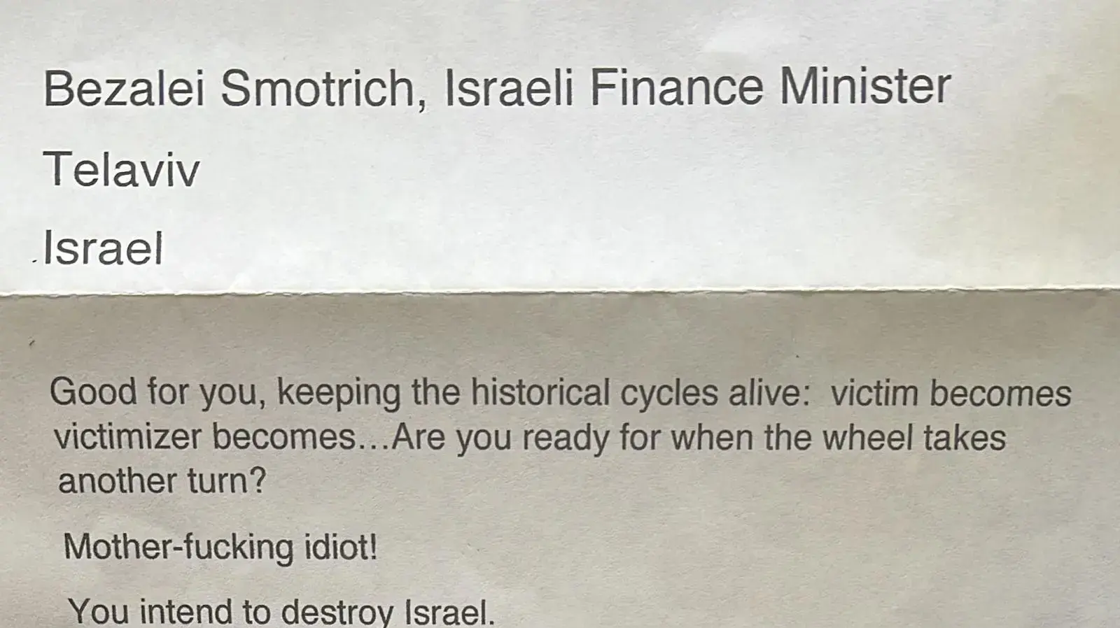 מכתב איומים שנשלח לשר האוצר בצלאל סמוטריץ' מלווה בצלבי קרס וסמלים נאציים. 18 באפריל 2023 מכתב איומים שנשלח לשר האוצר בצלאל סמוטריץ' מלווה בצלבי קרס וסמלים נאציים. 18 באפריל 2023