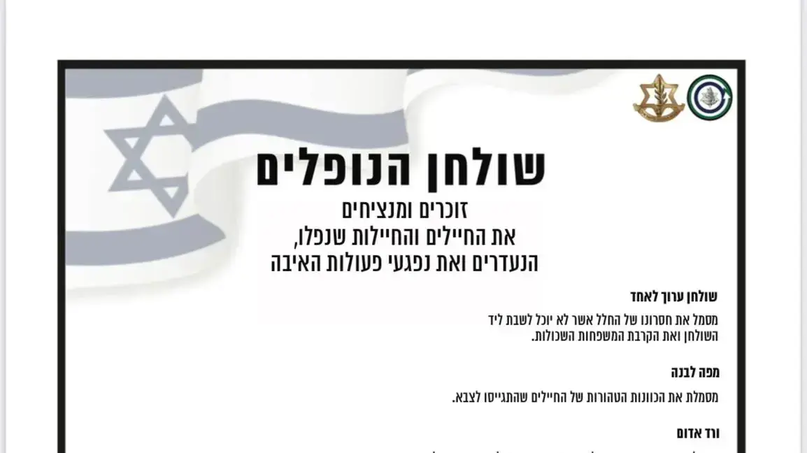 פרויקט ״שולחן לנופל" במסגרתו יוצב בערב יום הזיכרון ״שולחן לנופל" בעשרות חדרי אוכל בבסיסי צה״ל ברחבי הארץ
פרויקט ״שולחן לנופל" במסגרתו יוצב בערב יום הזיכרון ״שולחן לנופל" בעשרות חדרי אוכל בבסיסי צה״ל ברחבי הארץ