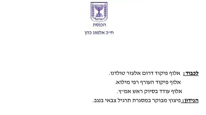 מכתב של חבר הכנסת אלמוג כהן למפקדי הצבא ושר הבטחון באשר לפיצוץ המסתורי שאירע בנגב
מכתב של חבר הכנסת אלמוג כהן למפקדי הצבא ושר הבטחון באשר לפיצוץ המסתורי שאירע בנגב