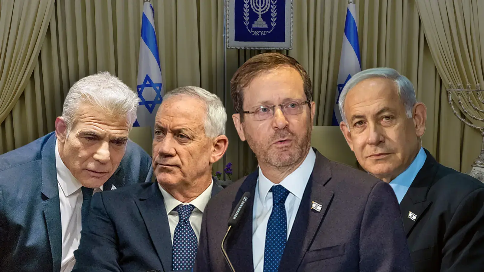 ראש הממשלה בנימין נתניהו, נשיא המדינה יצחק הרצוג, בני גנץ, ראש האופוזיציה יאיר לפיד