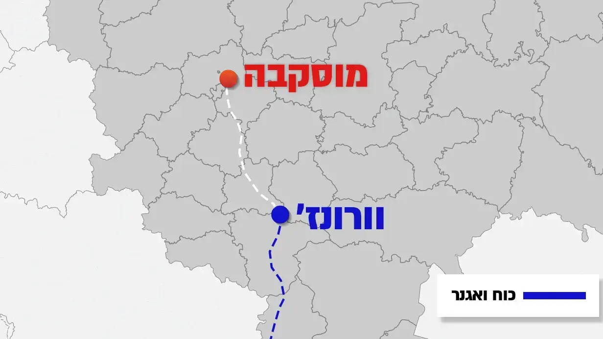 מפת ההתקדמות של קבוצת ואגנר למוסקבה, 24 ביוני 2023 מפת ההתקדמות של קבוצת ואגנר למוסקבה, 24 ביוני 2023