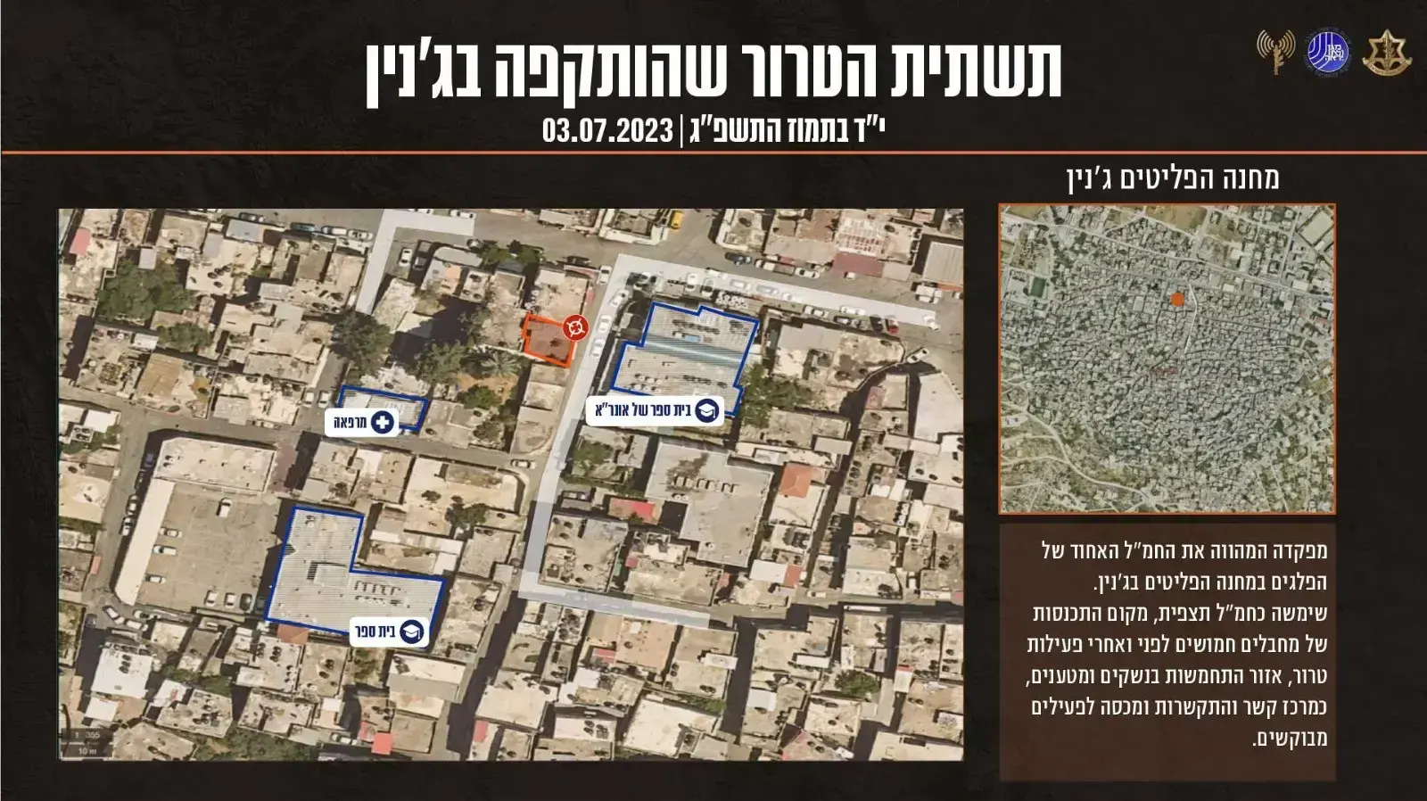 תצלום אוויר של תשתית הטרור שהותקפה בג'נין, 3 ביולי 2023 תצלום אוויר של תשתית הטרור שהותקפה בג'נין, 3 ביולי 2023