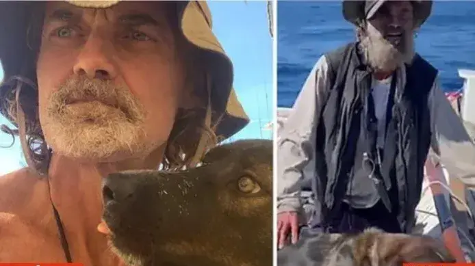 המלח האוסטרלי טים שאדוק וכלבתו בלה אחרי שחולצו מהאוקיינוס השקט, יולי 2023