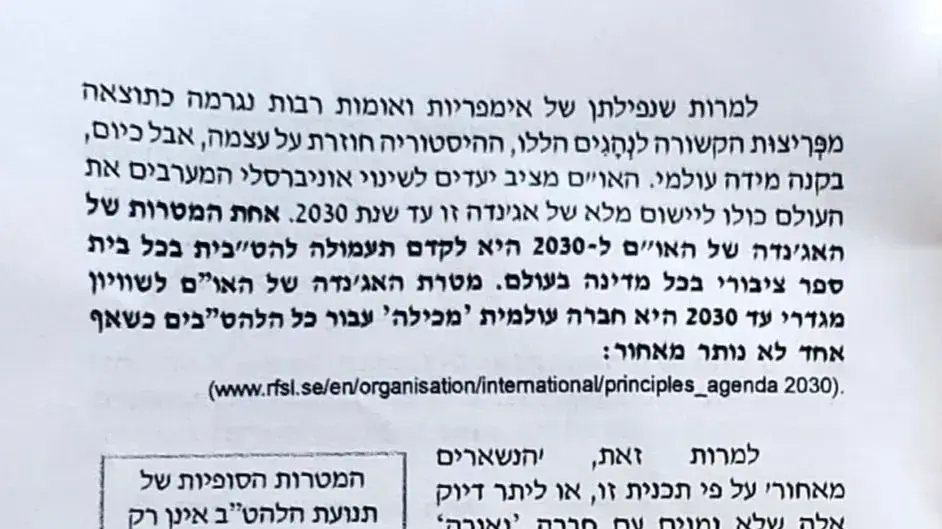 חוברת שחולקה בחיפה המפרטת את "שיקולי הציבור הדתי לגבי אג'נדת הלהט"ב" חוברת שחולקה בחיפה המפרטת את "שיקולי הציבור הדתי לגבי אג'נדת הלהט"ב"