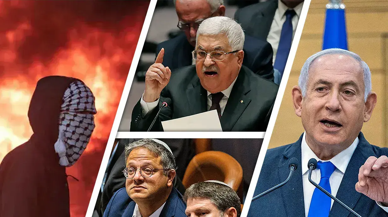 ראש הממשלה בנימין נתניהו | נשיא הרשות הפלסטינית אבו מאזן במהלך נאומו בעצרת הכללית של האו"ם 11 בפברואר 2020 | איתמר בן גביר ובצלאל סמוטריץ' | פלסטיני במהלך התפרעויות סמוך להתנחלות אביתר
