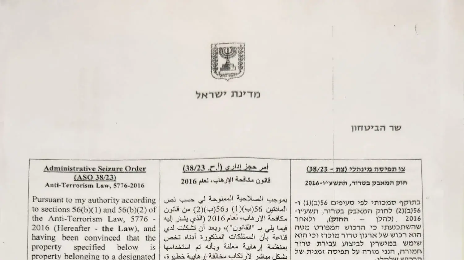 צו תפיסה מנהלי נגד העברת כספים למימון פעילות טרור במסווה של צדקה צו תפיסה מנהלי נגד העברת כספים למימון פעילות טרור במסווה של צדקה