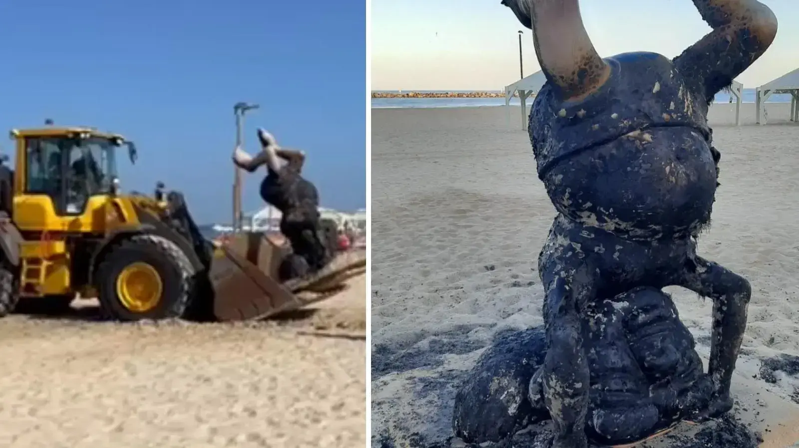פסל בן גוריון השרוף מפונה מחופי תל אביב