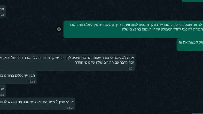 ההתכתבות בין השותף של ענבר הימן לבעל הדירה שלה ההתכתבות בין השותף של ענבר הימן לבעל הדירה שלה