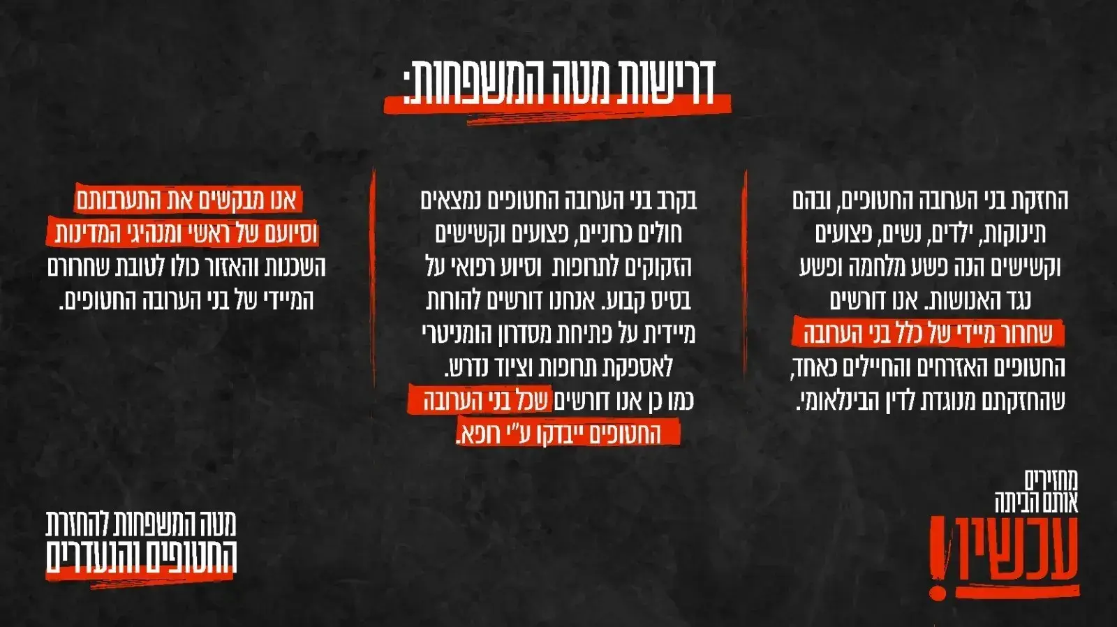 דרישות מטה משפחות החטופים והנעדרים דרישות מטה משפחות החטופים והנעדרים