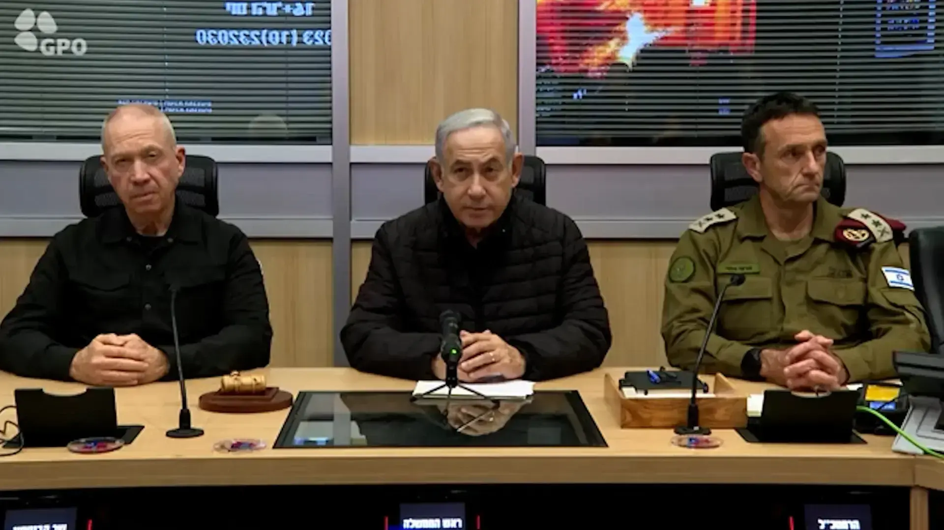 ראש הממשלה בנימין נתניהו, שר הביטחון יואב גלנט והרמטכ"ל רב-אלוף הרצי הלוי בפתח הערכת המצב בקריה